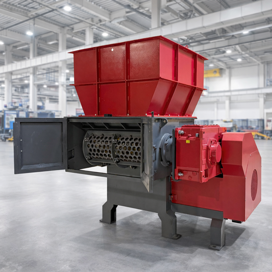 75HP industrial single shaft shredder machine with red hopper and heavy-duty rotor designed for shredding copper wire, plastic, wood, and scrap materials in high-volume recycling operations