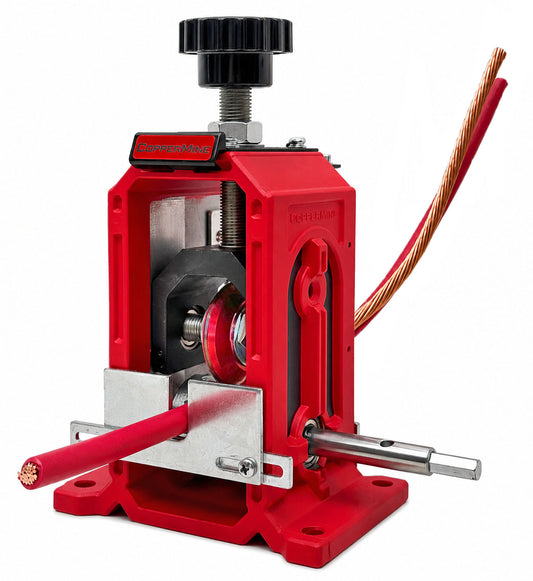 Red cable stripping machine with copper wire on a white background