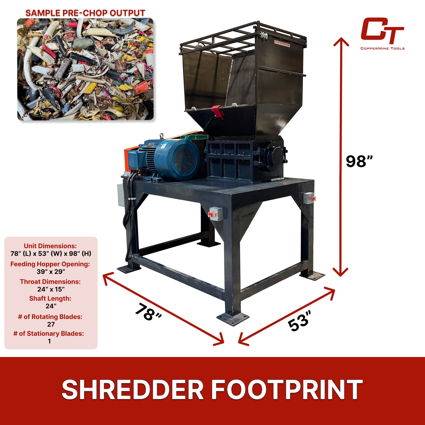 CopperMine 45HP Industrial Single Shaft Powerful Pre-Shredder for Copper Wire & Cable